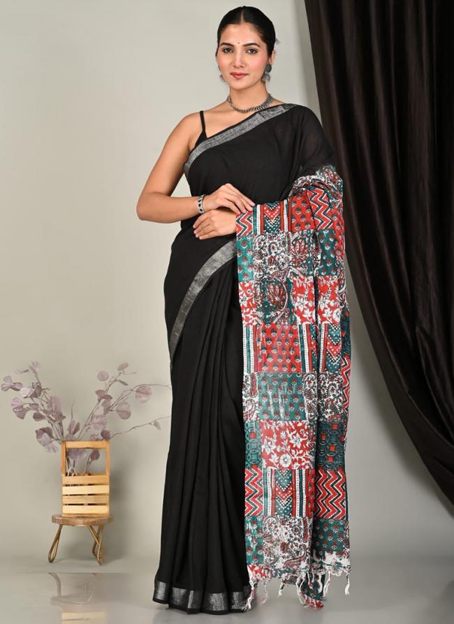 Linen Black Casual Wear Printed Saree